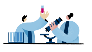 Graphic of two scientists looking into a microscope. 