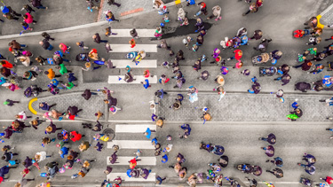 Aerial shot of a city intersection.