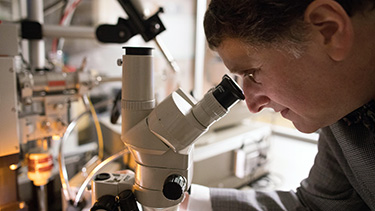 Medical professional looking through a microscope.